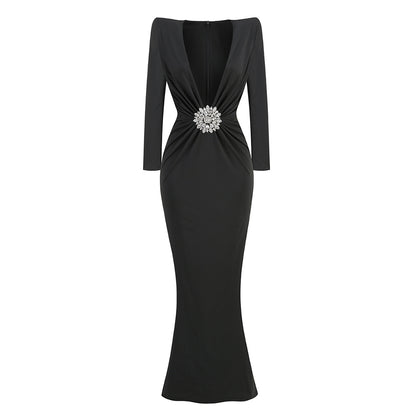 Long Sleeve Draped Embellished Maxi Dress Black HV1178