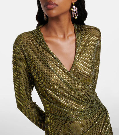 Long Sleeve Embellished A Line Midi Dress Green HV2836