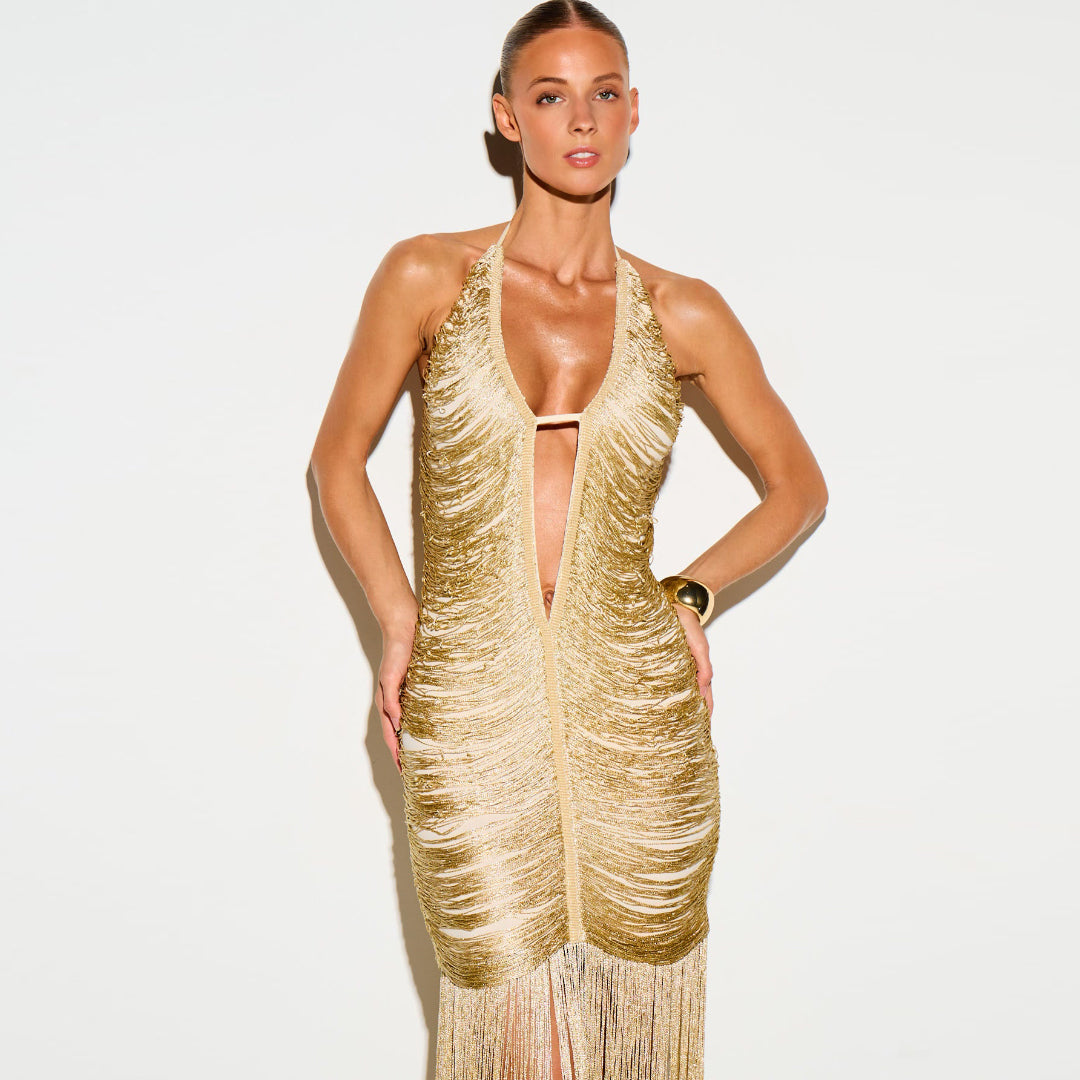Halter Tassel Detail Maxi Dress Gold HV3109