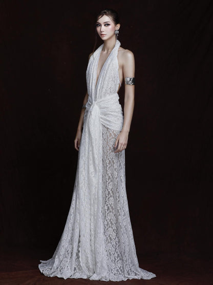 Halter Draped Crochet Maxi Dress White HV0096