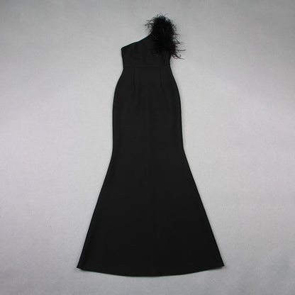Feather One Shoulder Mermaid Maxi Dress Black HV9959