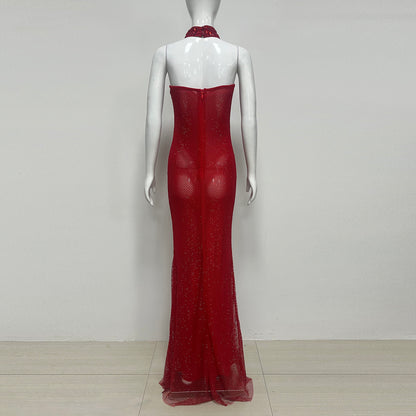 Strapless Choker Embellished Maxi Dress Red HV2815