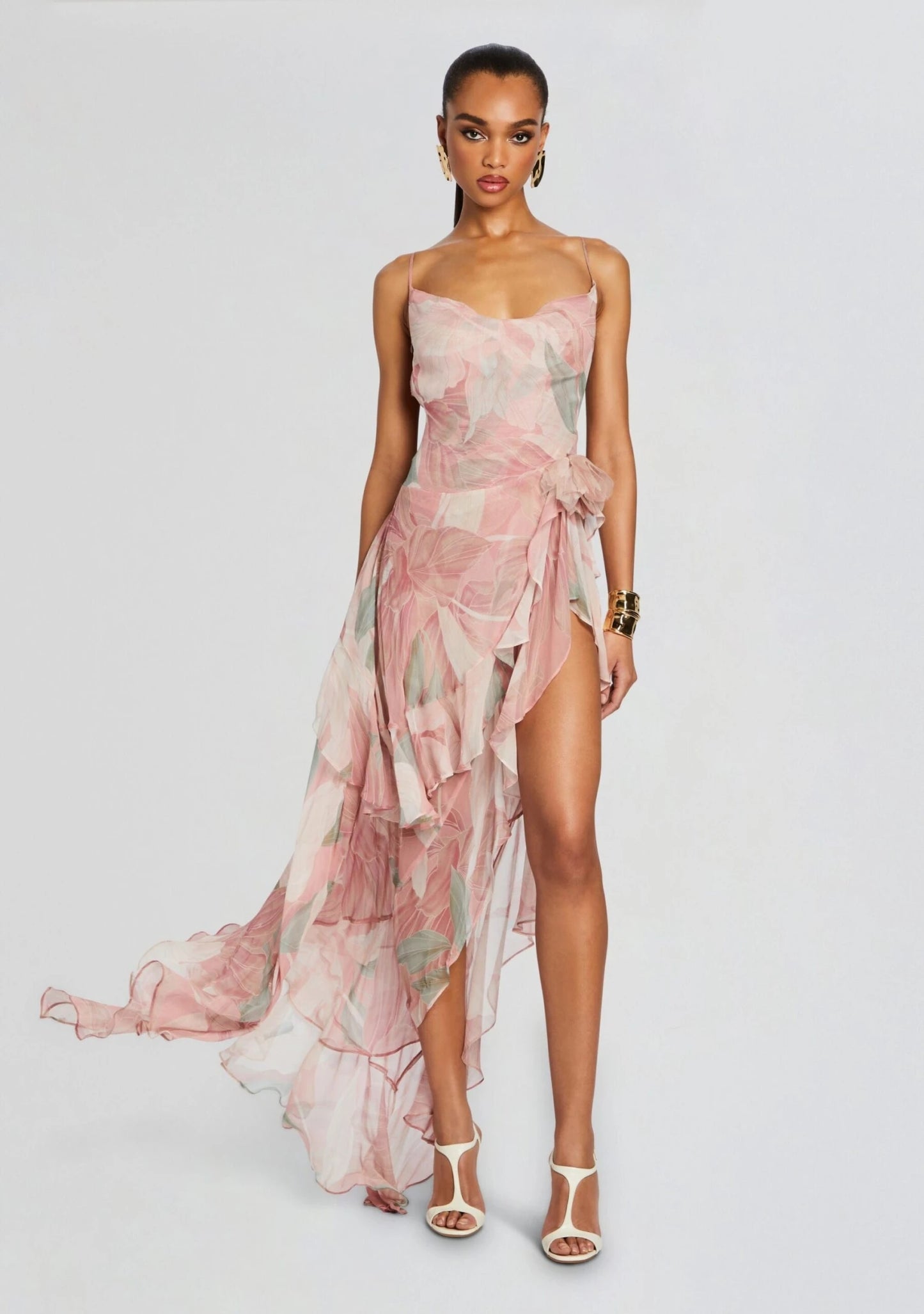 Printed Ruffle Asymmetric Maxi Dress Pink HV1614