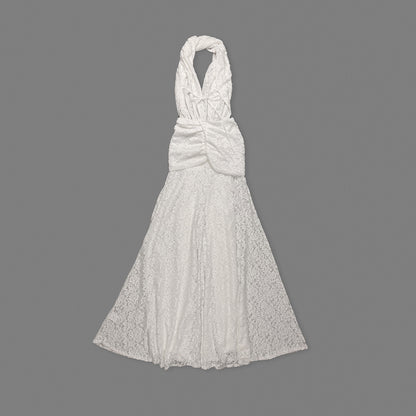 Halter Draped Crochet Maxi Dress White HV0096