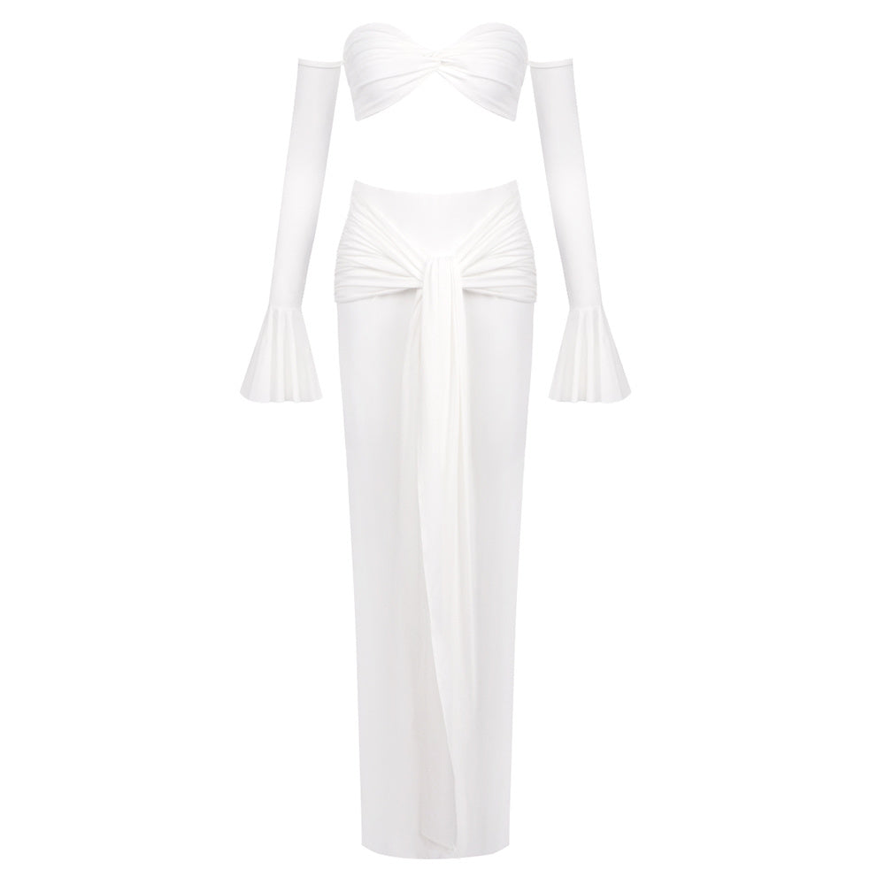 Long Sleeve Bardot Two Piece Maxi Dress White HV2658