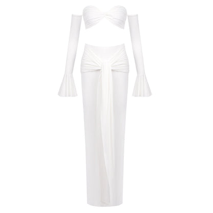 Long Sleeve Bardot Two Piece Maxi Dress White HV2658
