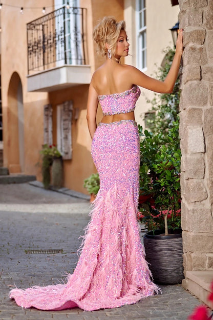 Strapless Crystal Sequin Maxi Dress Pink HV1914