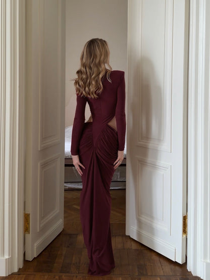 Long Sleeve Draped Cut Out Detail Maxi Dress Burgundy HV2675