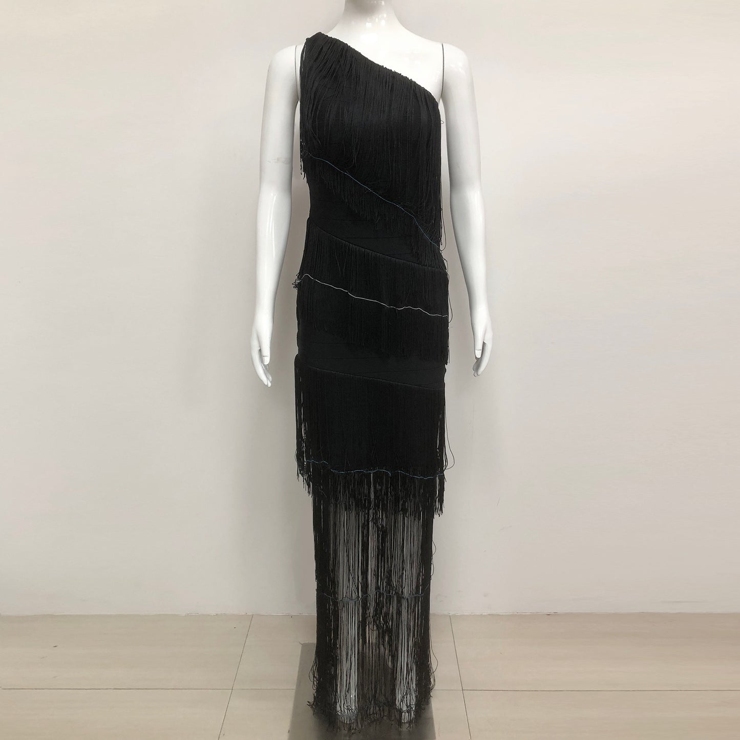 One Shoulder Tassel Maxi Dress Black HV2167