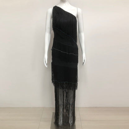 One Shoulder Tassel Maxi Dress Black HV2167