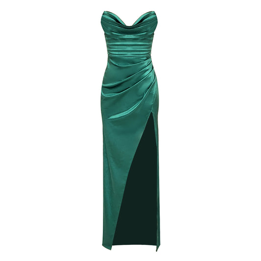 Strapless Draped Maxi Silk Dress Green HV9938