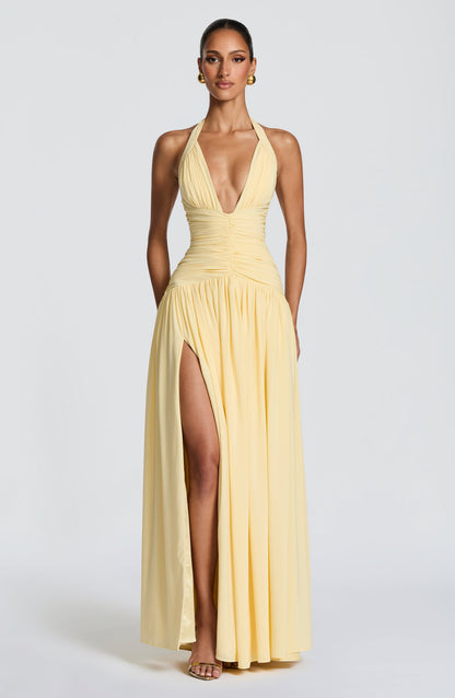 Halter Corset A Line Maxi Dress Yellow HV2960