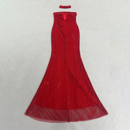 Strapless Choker Embellished Maxi Dress Red HV2815