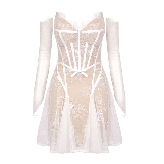 Long Sleeve Lace Corset A Line Dress White HV1200