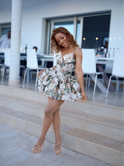 Floral Sequin Bubble Dress Brown Green HV3080