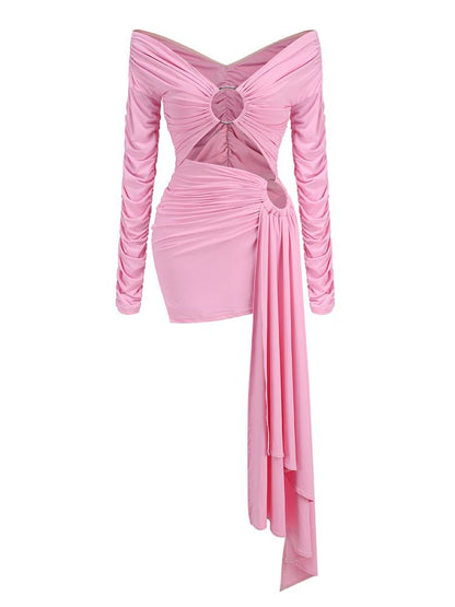 Long Sleeve Ruched Bardot Dress Pink