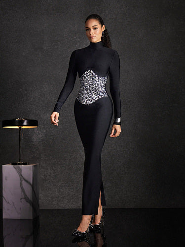 Long Sleeve Crystal Waist Maxi Dress Black HV3046