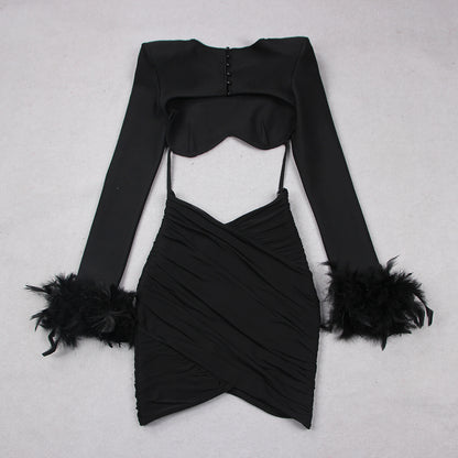 Long Sleeve Feather Draped Two Piece Dress HV9228