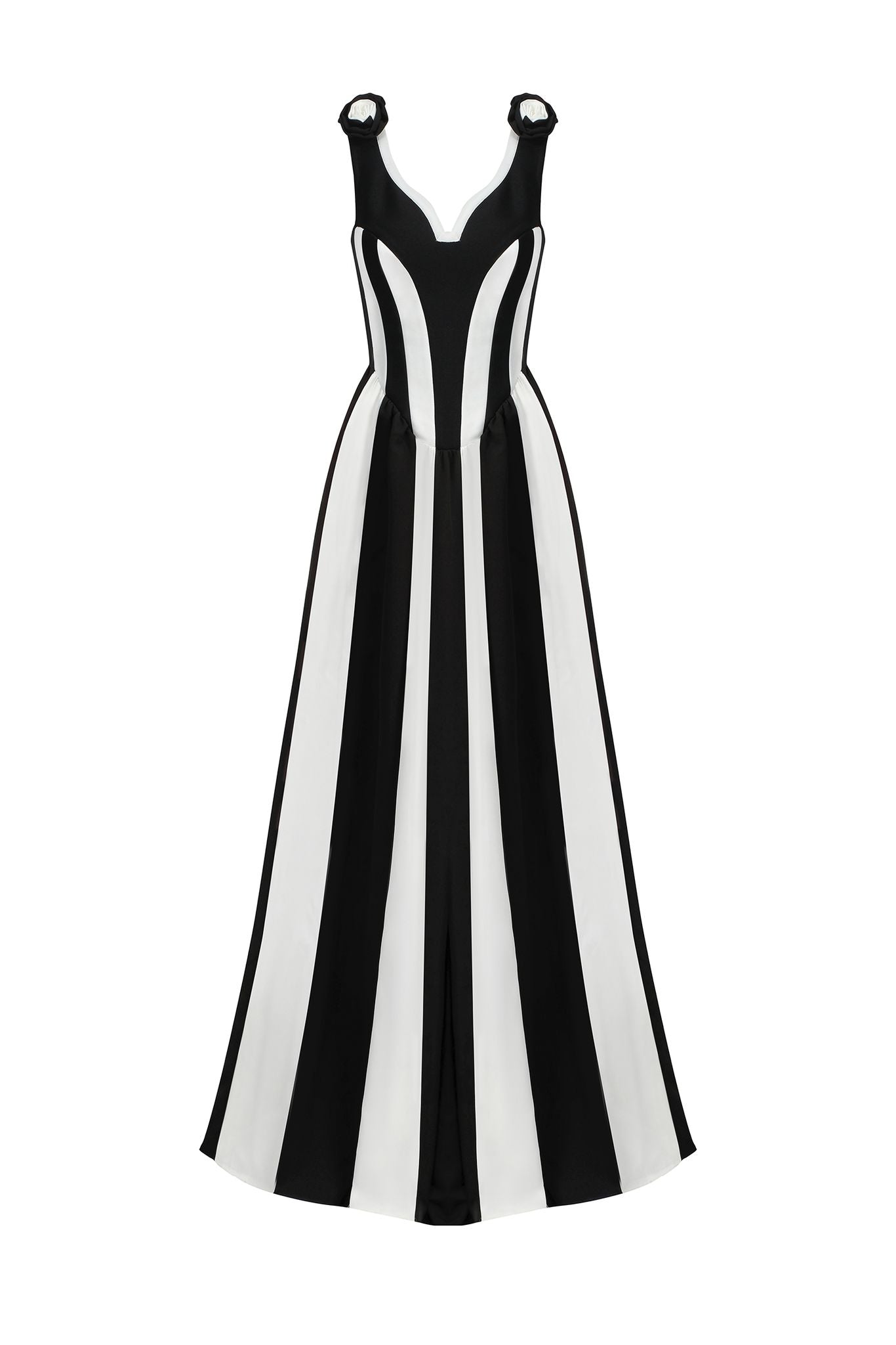 Floral Detail Corset A Line Maxi Dress Black White HV2535