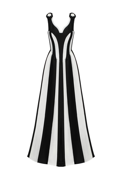 Floral Detail Corset A Line Maxi Dress Black White HV2535