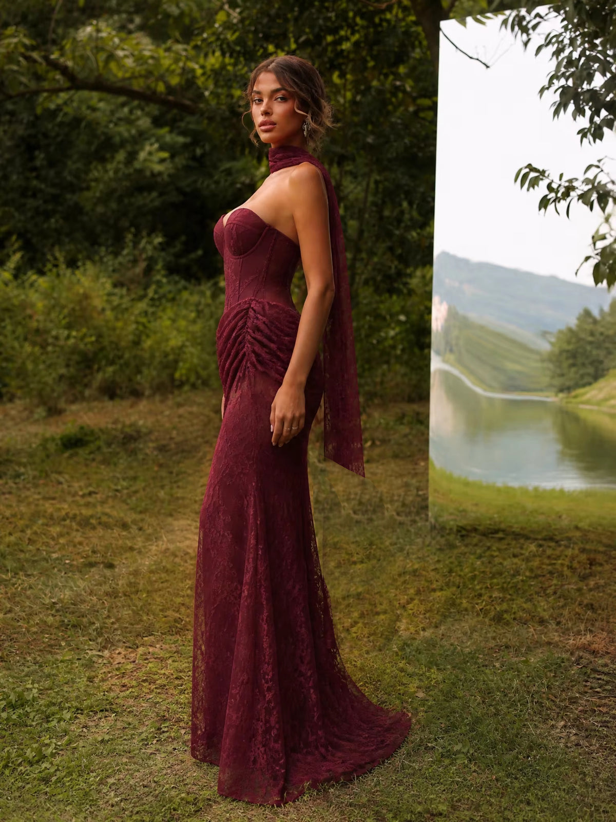 Strapless Draped Lace Bustier Maxi Dress Burgundy HV2706