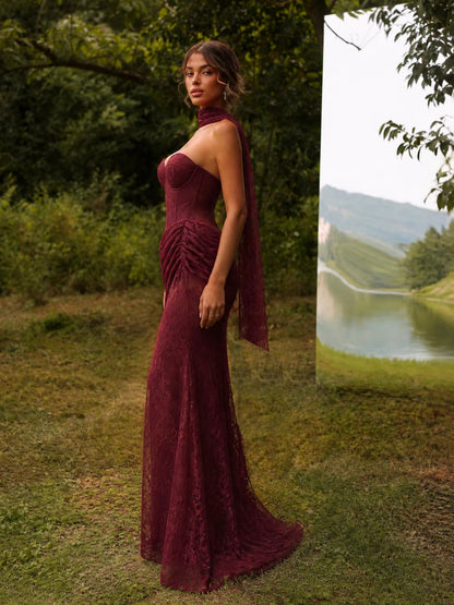Strapless Draped Lace Bustier Maxi Dress Burgundy HV2706