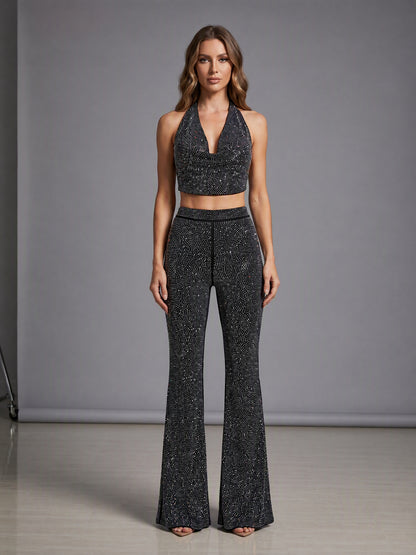 Halter Sparkly Two Piece Jumpsuit Silver HV3203
