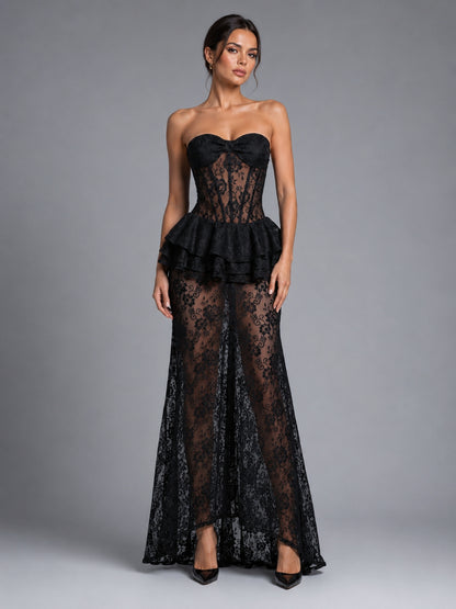 Strapless Lace Bustier Peplum Maxi Dress Black HV3131