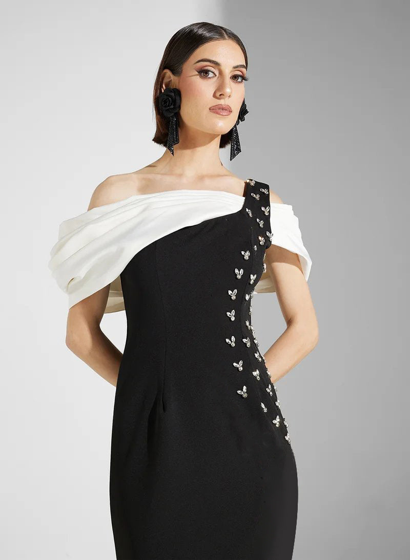 One Shoulder Bardot Crystal Maxi Dress Black White HV2900