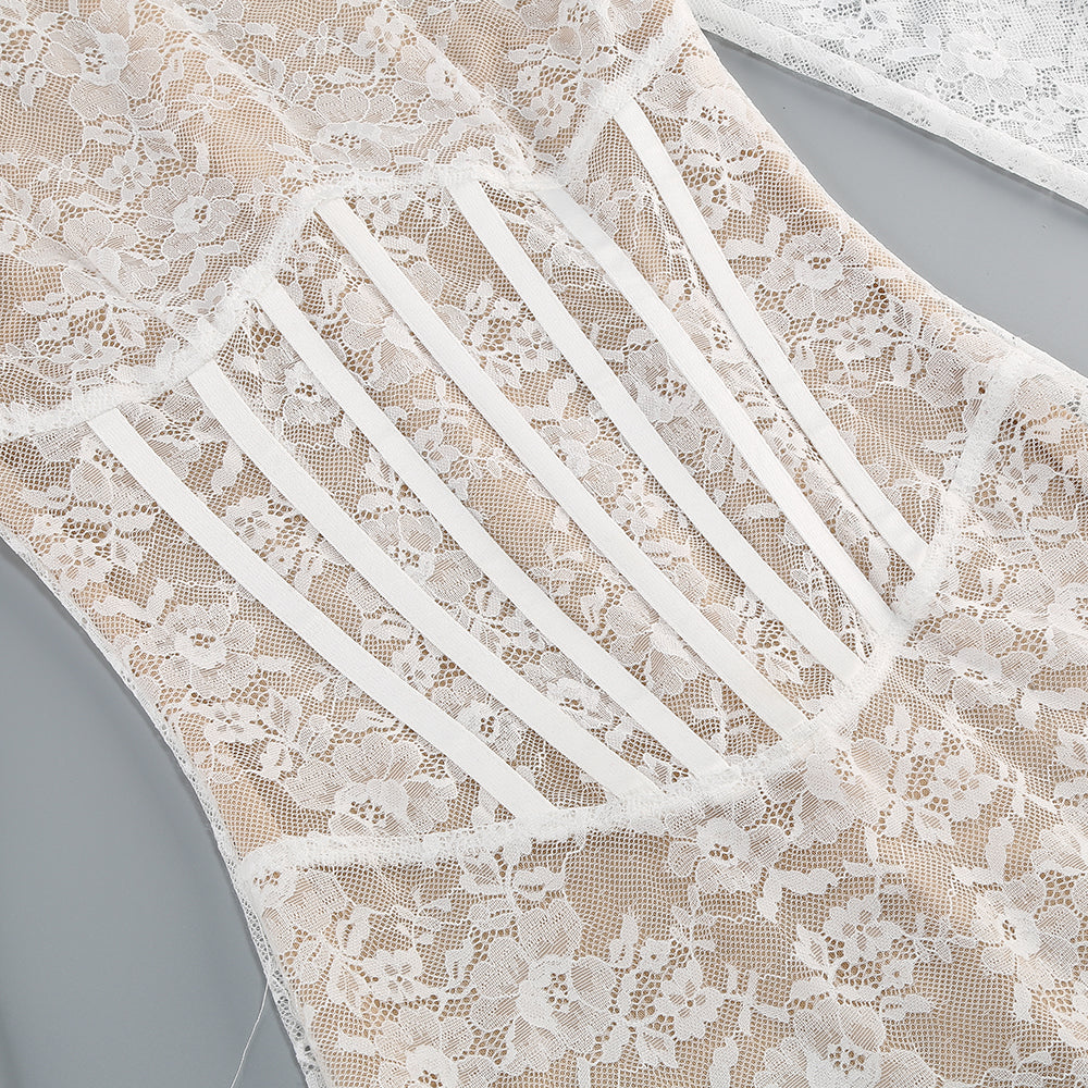 Long Sleeve Structured Lace Dress White
