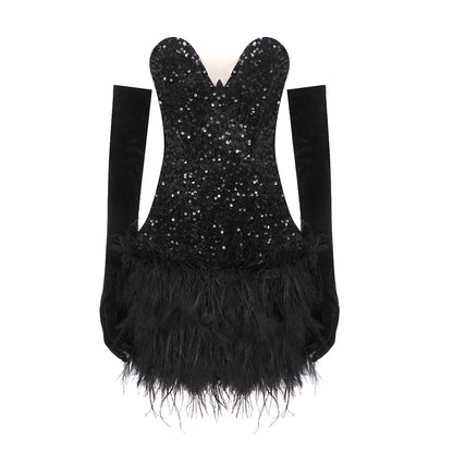 Strapless Sequin Corset Feather Dress Black HV1223