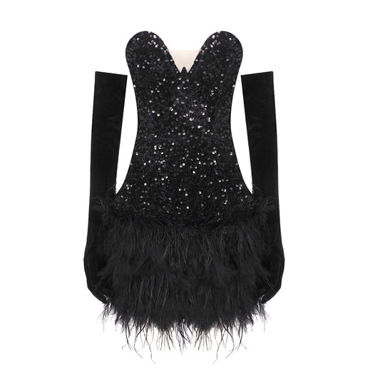 Strapless Sequin Corset Feather Dress Black HV1223