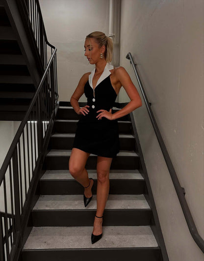 Halter Lapel Collar Dress Black White HV2543