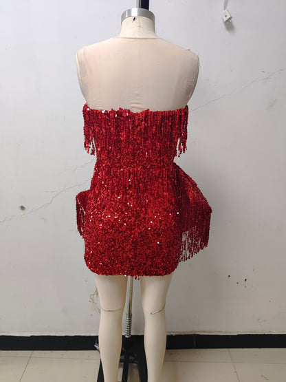 Strapless Sequin Tassel Bow Dress Red HV1190