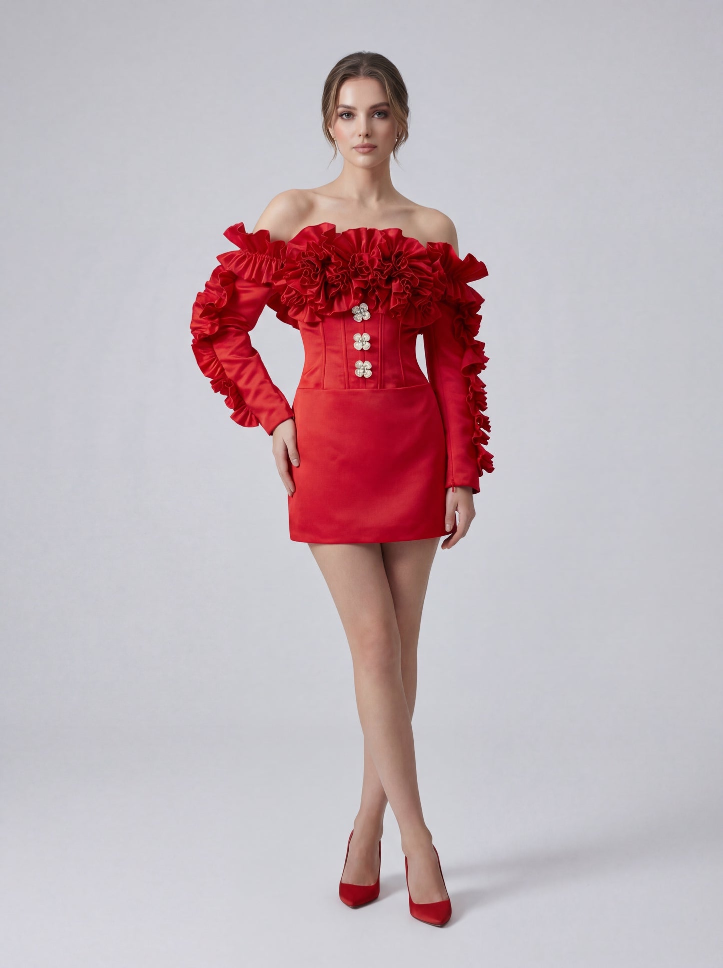 Long Sleeve Bardot Ruffle Dress Red HV2910