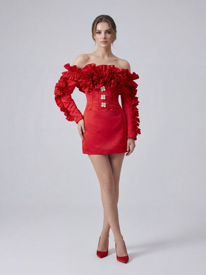 Long Sleeve Bardot Ruffle Dress Red HV2910