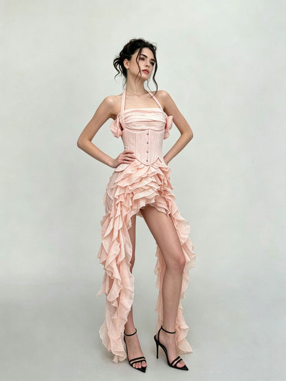 Halter Corset Ruffle Maxi Dress HV3047