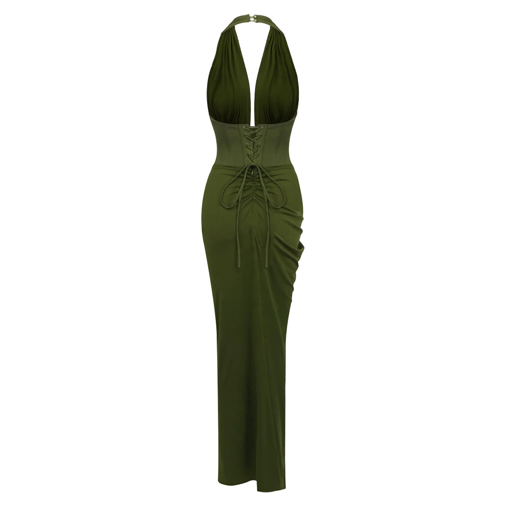 Halter Draped Corset Maxi Dress Green HV0125
