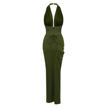 Halter Draped Corset Maxi Dress Green HV0125