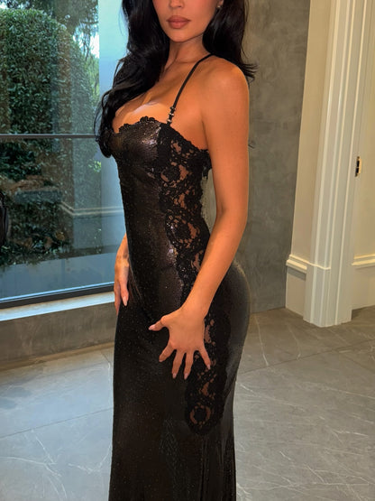 Lace Insert Sparkly Maxi Dress Black HV3106