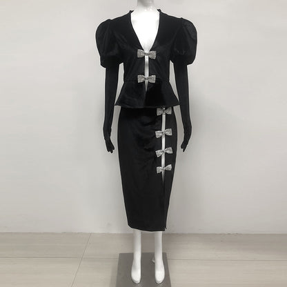 Short Sleeve Crystal Bow Midi Two Piece Velvet Dress Black HV2097