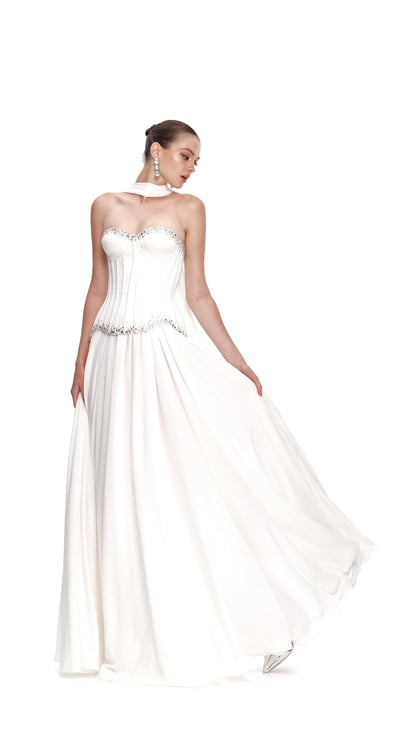Strapless Embellished Bustier A Line Maxi Dress White HV3181
