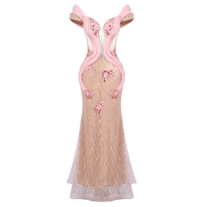 Bardot Floral Sequin Maxi Dress Nude Pink HV2062