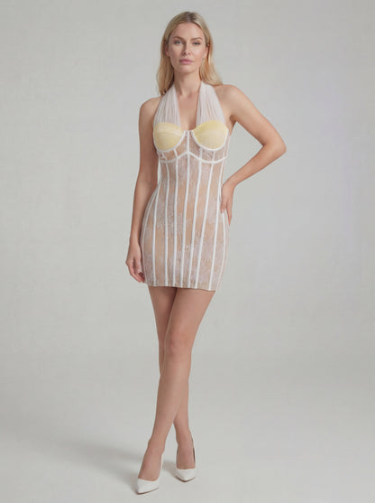 Halter Lace Dress Nude White HV2938