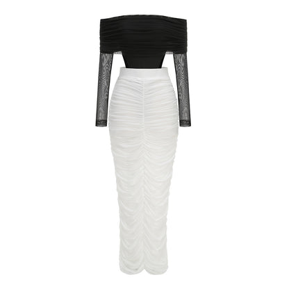 Long Sleeve Draped Bardot Maxi Dress Black White HV2779