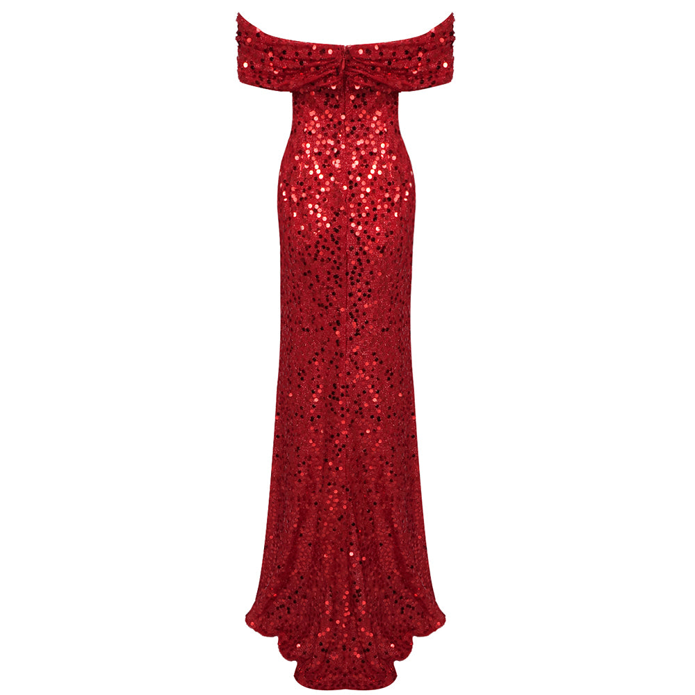 Bardot Draped Corset Sequin Maxi Dress Red HV1657