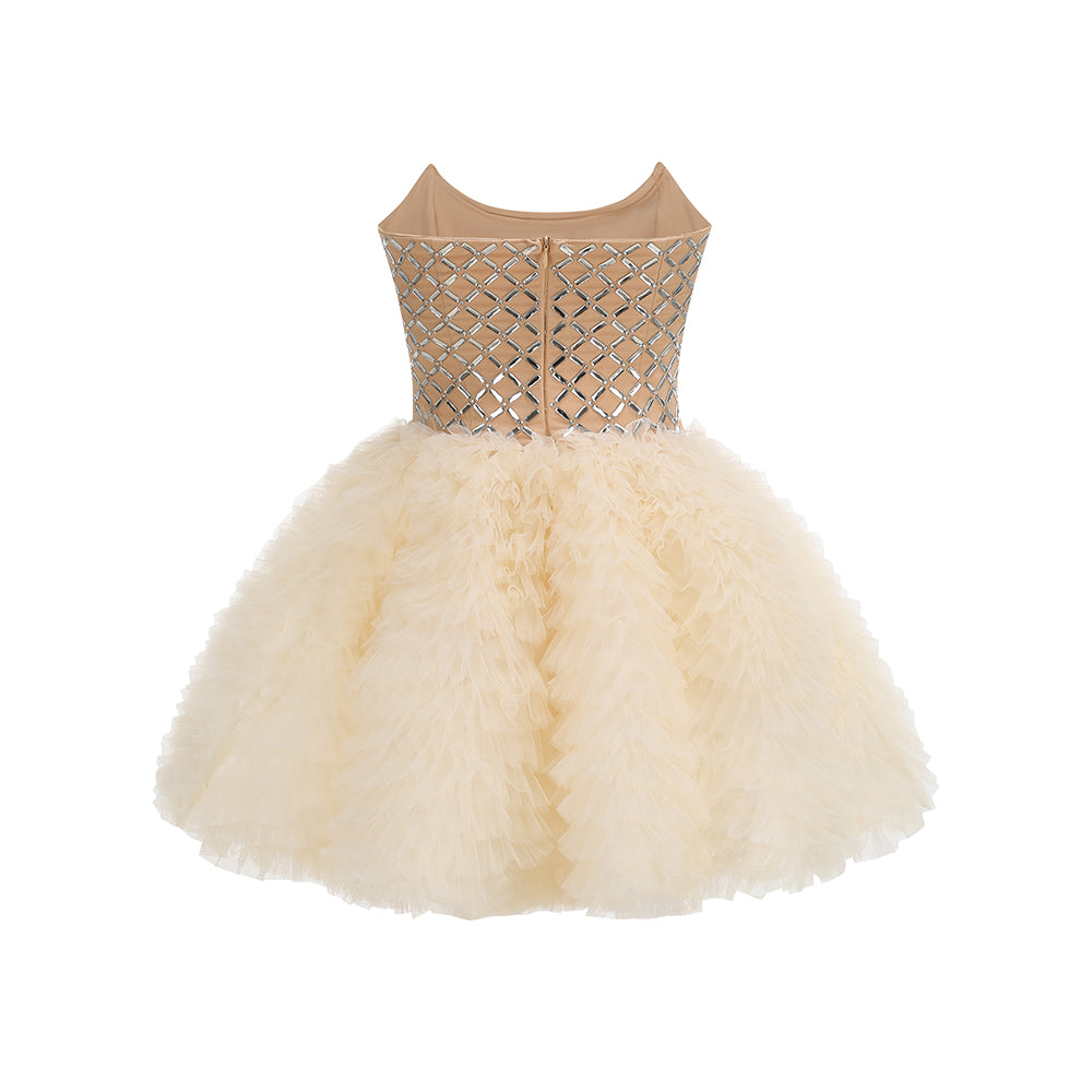 Strapless Embellished Ruffle A Line Dress Ivory HV3129