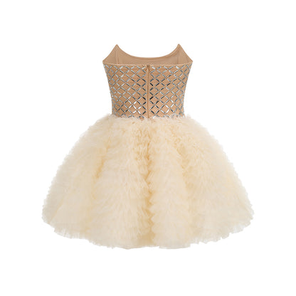 Strapless Embellished Ruffle A Line Dress Ivory HV3129