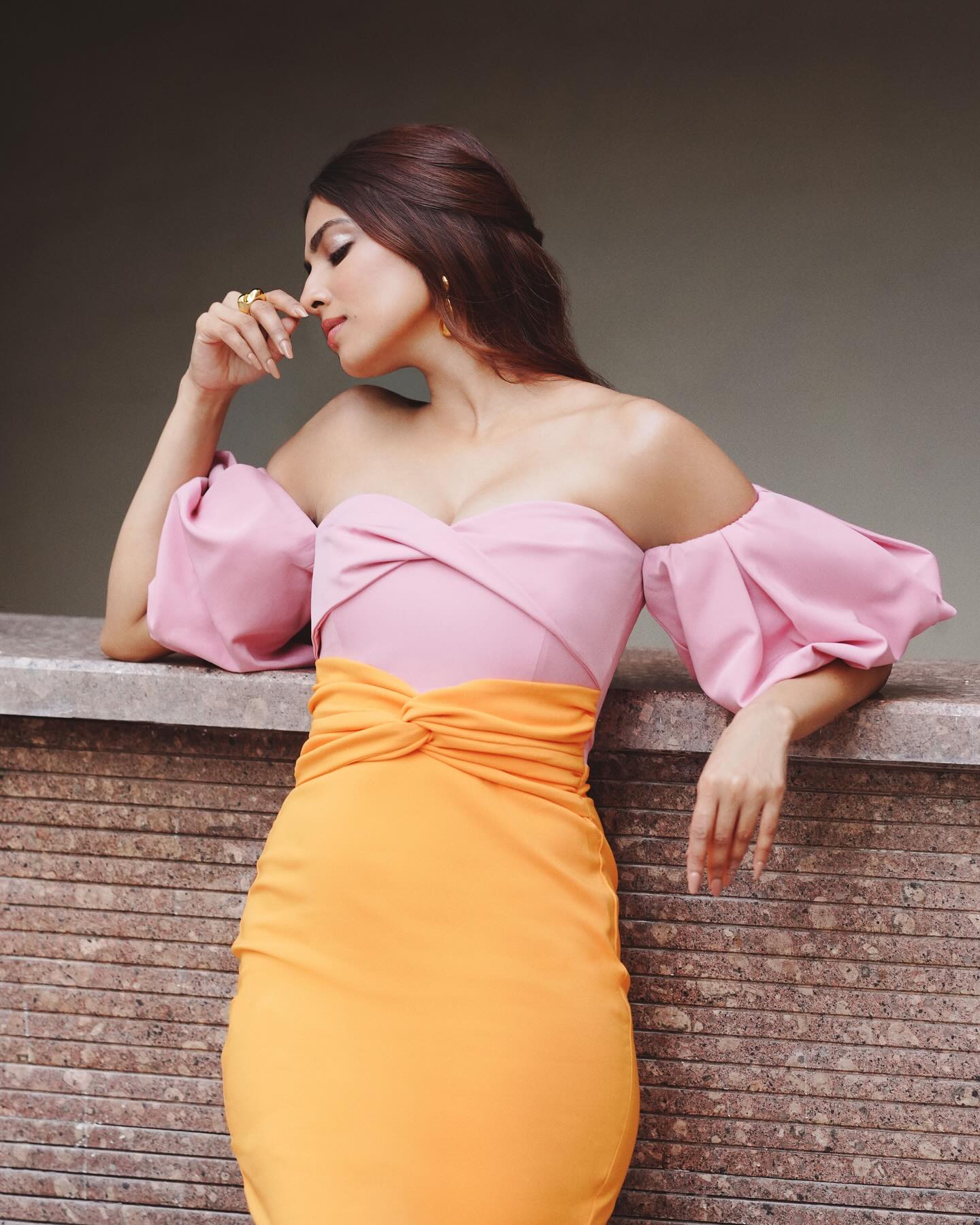 Puff Sleeve Bardot Midi Dress Pink Orange HV0002