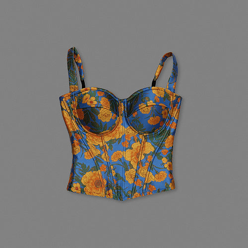 Floral Structured Bustier Top Blue Orange HV3039